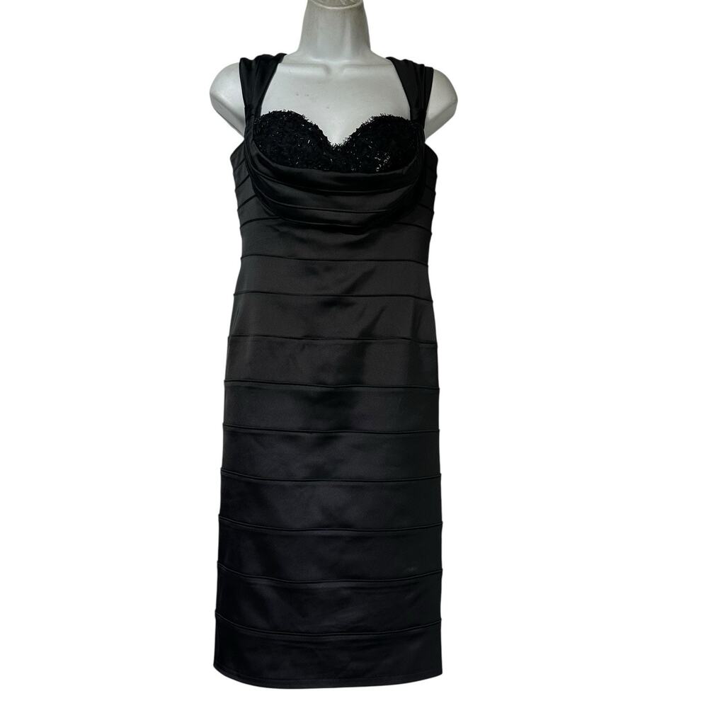Tadashi Collection Black Satin Beaded Bust Draped Cocktail Party Dress Size 4